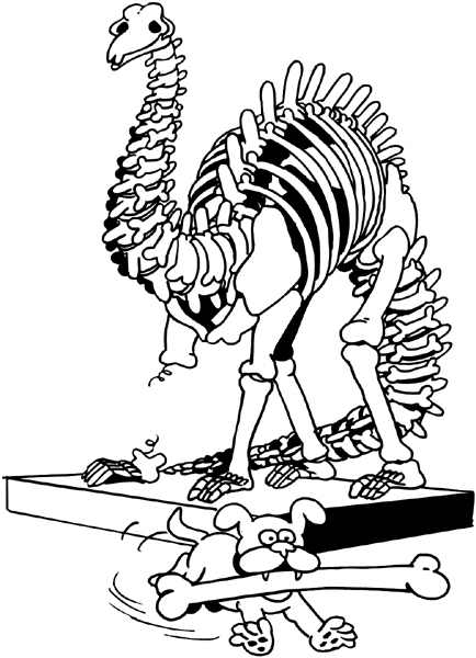 Dinosaur skeleton with dog stealing a bone vinyl sticker. Customize on line. Crazy Comics 026-0226